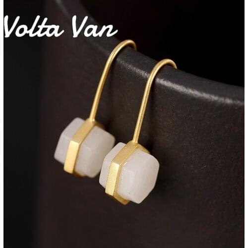 Volta Van 925 Sterling Silver Drop Earrings Elegant 2021 New Natural Jade Vintage Geometric Pendientes Plata Jewelry Earrings