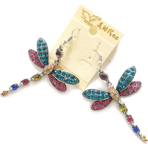 Female Dragonfly Crystal Earrings Bohemian Rainbow Blue Green Stone Earrings Cute Silver Color Jewelry Accessories For Women