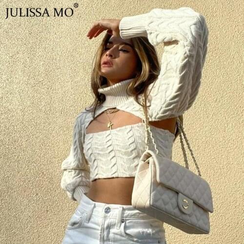 JULISSA MO Women Knitted Tops Two Piece Set Fashion High Neck Short Pullover Chest Wrap Hollow Sweater Vest Ladies Elegant Tops