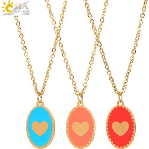CSJA 2021 Stainless Steel Necklaces for Women Delicate Gold Color Chain Necklace Enamel Oval Heart Charms Pendant Collier S759