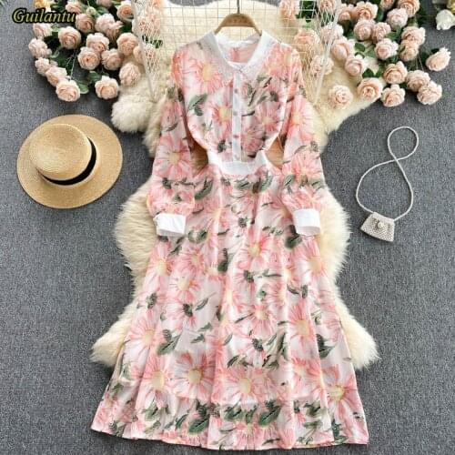 Spring Autumn Print Floral Vintgae Shirt Dress Women Polo Neck Long Sleeve Robe Longue Dress Elegant Evening Party Dresses