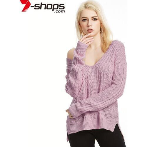 AECU Women Sweater Sexy V Neck Long Sleeve With Pattern Knitted Pullover Female Loose Casual Off Shoulder Jumper Top