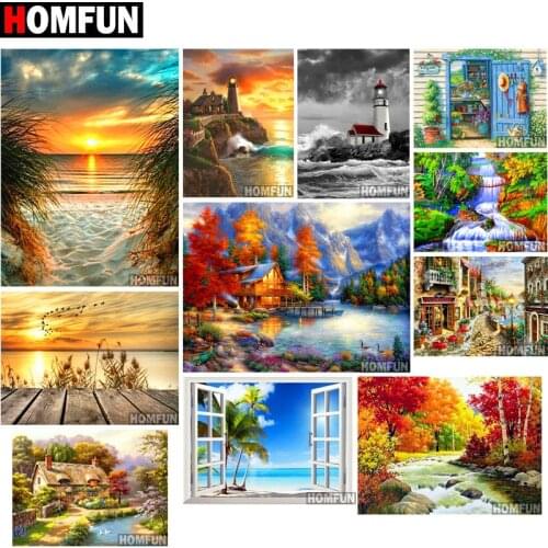 HOMFUN Diamond Painting Full Square/Round Drill 5D DIY "Landscape Sunset Sea" Daimond Embroidery Rhinestone Cross Stitch Decor