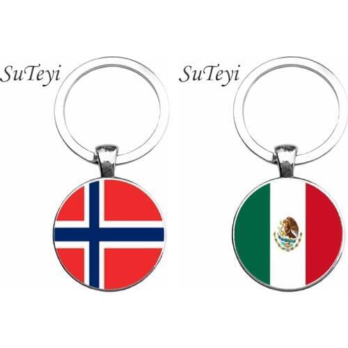 SUTEYI Personality Time Gem Key Chain Mexico/Norway Flag Art Picture Key Ring Jewelry Handmade Crystal Keychain For Unisex