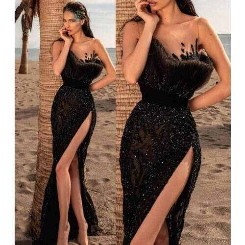 Sequined Black Evening Dresses Sheer Neck See Through Beading Party Gown Sexy Thigh Split vestidos Prom Dress