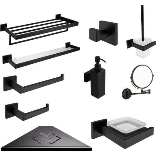 Paper Holder Glass shelf Soap Dispenser Bathroom Accessories Set 304 Stainless Steel Black Soap Dispenser Bathroom Hardware Set