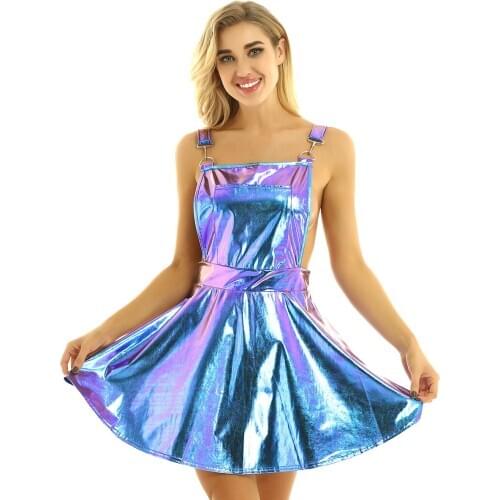 Exotic Dresses Womens Shiny Metallic Holographic Wide Straps A-line Pleated Bib Overall Pinafore Dress Braces Suspender Skirt
