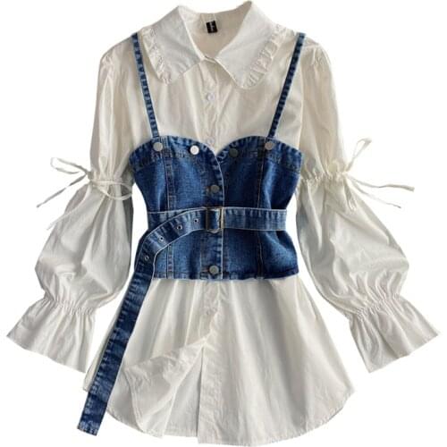 Spring Korean Elegant Women 2 Piece Blouse Set Tie Puff Sleeve Ruffle Turn-Down Collar Tops + Sashes Slim Denim Vest Female G905