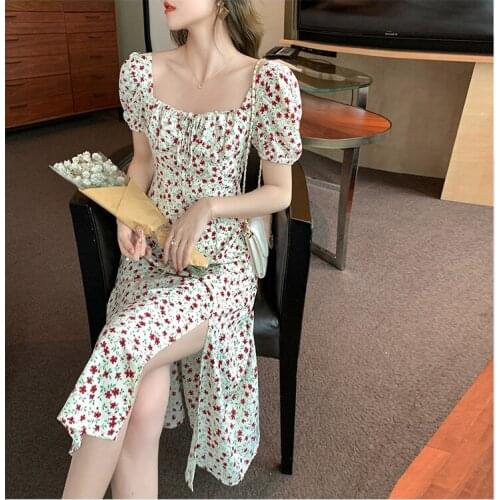 Midi Dress 2021 French Retro Mid-length Floral Chiffon Dress Female Square Collar Puff Sleeve Split Thin Long Dress White Yellow