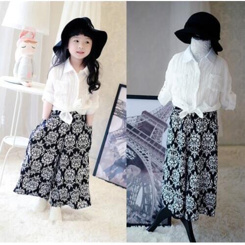Fashion girls clothing set white blouse shirt & wide leg long pants suit 2 pcs clothes set for children and kids spring clothes