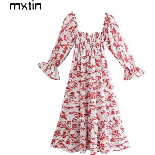 MXTIN 2021 Women Vintage Spring Floral Print Midi Dress Fashion Square Collar Elasticity Female Party Dresses Vestidos Mujer