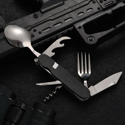 6 in1 Outdoor Tableware Multi-function Stainless Steel Folding Scoop Fork Knife Set Pocket Kits for Survival Portable Outdoor T