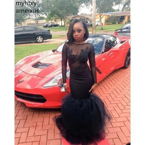2020 New See Through Black Tulle Black Girl Prom Dress Sexy Mermaid Cheap African Long Evening Party Gown Plus Size Prom Custom
