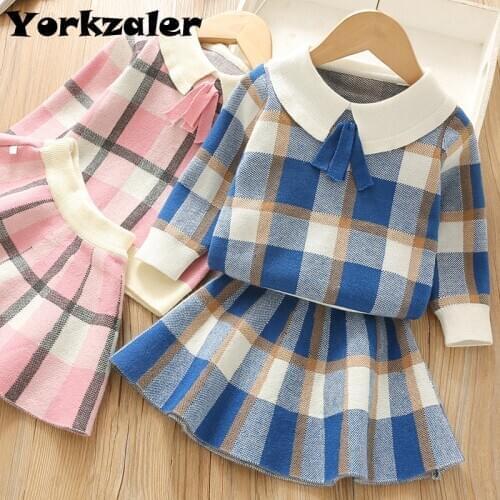 2020 Baby Girls Fall Clothes Set Plaid Knittted Sweater Shirt and Skirt for Kids Lovely Cute 2 Piece Sets Winter Warm Kids Wear