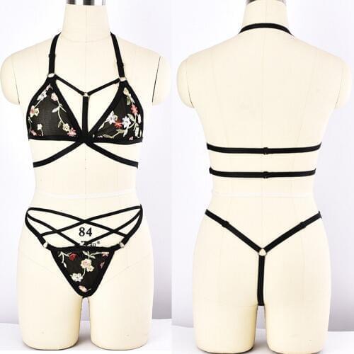 Sexy Lace Embroidery Bra Sets Bralette Sexy Lingerie Harness Bra Women Mesh Transparent G-string Sheer Bra Body Harness Set