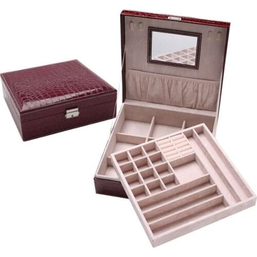 Jewelry Box Earring Ring Necklace Storage Organizer with Mirror Double Layer Leather Jewel Case for Girls Women