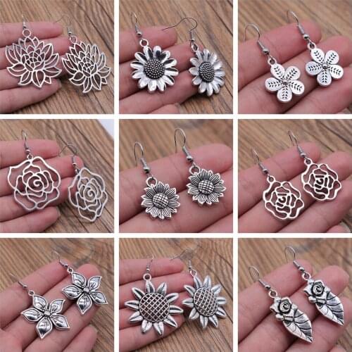 Vintage Flower Earring Rose Flower Sunflower Chrysanthemum Daisy Flower Dangle Earring Drop Jewelry Accessories For Women