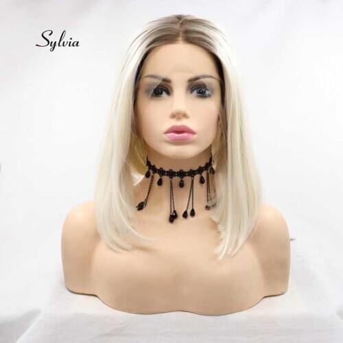Sylvia Synthetic Blonde Lace Front Short Ombre Bob Wig For Women Hair With Brown Roots Heat Resistant Fiber Short Hair Wigs 14"