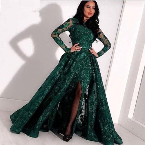 Green Muslim Evening Dresses Mermaid Long Sleeves Appliques Lace Slit Dubai Saudi Arabic Long Evening Gown