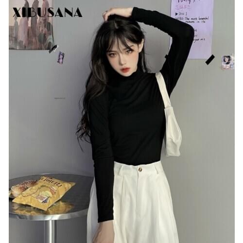 XIBUSANA T-Shirts for Womens 2020 Spring Autumn New Black Long Sleeve Solid Elasticity Loose Halt Turtleneck Casual Tops Female