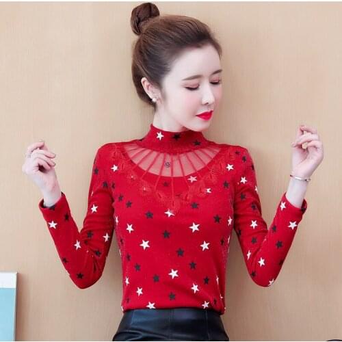 2021 spring and autumn womens stand-up collar lace shirt all-match long-sleeved shirt mesh temperament bottoming shirt