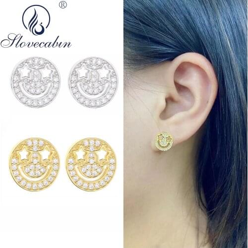 Slovecabin 925 Sterling Silver Japan Smile Eye Funny Star Earrings Clear CZ Crystal Women Men Luxury Femme Fine Jewelry Making