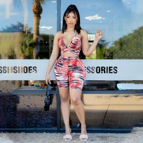 Summer Clothing Two Piece Set Women Print Sling Sexy Tank Top+Bike Shorts Sets Club Outfit Lounge Tracksuit Streetwear Wholesale