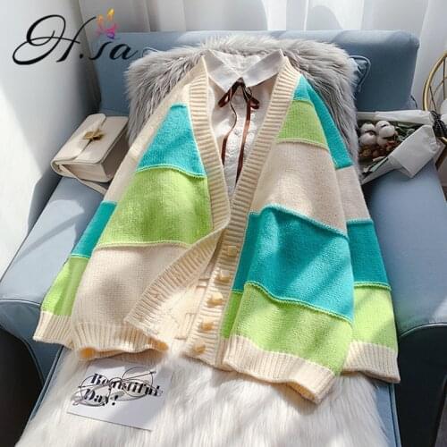 H.SA Korean Knitted Sweater Women Cardigan Autumn Winter Long Sleeve Single Breasted Patchwork Sweater Knit Coat Outerwear Tops