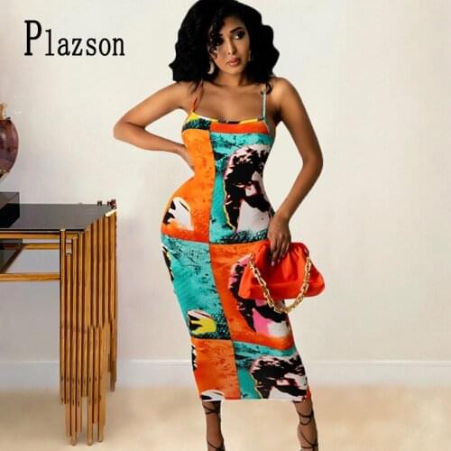 Plazson 2021 Summer Dress Women Printed Vacation Sling Dress Sexy Backless Slim Long Bodycon V-Neck Sleeveless Dresses vestido