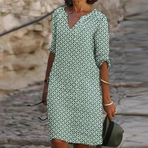 Vintage Floral Print Dress Women 2021 Summer Elegant V-Neck Half Sleeves Knee Length Dresses Female Casual Loose Vestidos