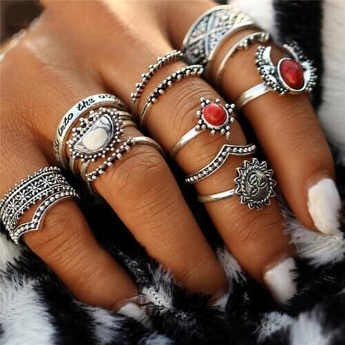 14pcs/set Vintage Antique Color Moon and Sun Midi Ring Sets for Women Natural Stone Knuckle Rings 367021 Wedding Bands