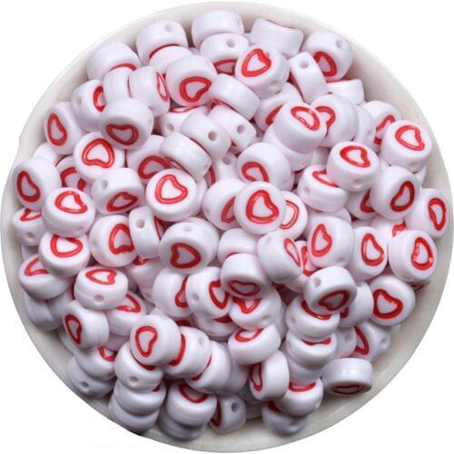 200/Lot White With Red Heart Shape Letter Alphabet Beads Resin Space Beads 7mm Baby Name Pacifier Jewelry Necklace&Bracelet DIY
