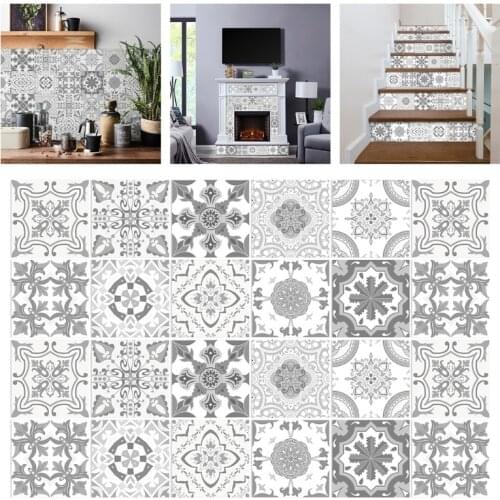 24Pcs Gray Mandala Tiles Sticker Waterproof Removable Floor Stair Decals Transfers Covers Hard-Wearing Wall Kitchen Home Decor