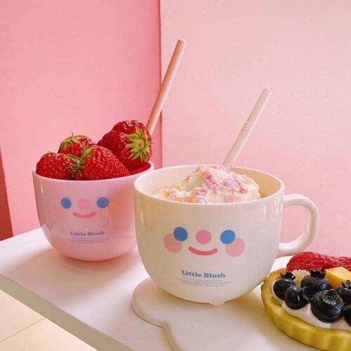 2021 New Plastic Bowl Water Bottle with Straw Cute Smile Face Water Cup With Lid Fruit Salad Breakfast Milk Mugs Coffee Cups