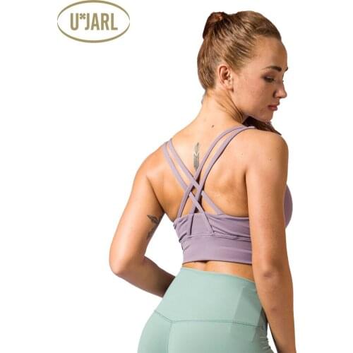 UxJARL Shockproof Yoga Bra Sexy Cross Strappy Back Mid-Impact Vest Halter Top Compression Padded Gym Sport Brassiere For Cup A-D