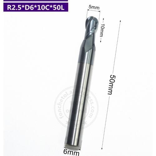 D6*R2.5*10C*50L-1PCS,Freeshipping HRC45 2 Flute ball nose CNC solid carbide end mill,Tungsten steel Tialn Coating milling cutter