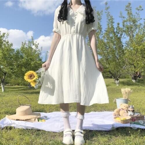 Hipster Elegant Doll Collar Student Short-Sleeve Dress Womens Japanese-Style White Midi Skirt 2020 Summer sweet lolita dress