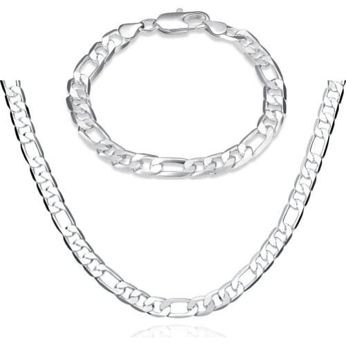 Hot 925 sterling Silver Bracelets necklace Jewelry set for women men classic 8MM chain Fashion Party wedding Holiday gifts