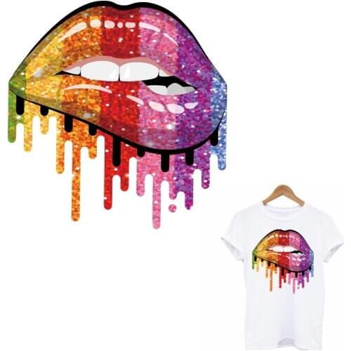 Colorful Glitter Lips Heat Transfer DIY Washable Iron On Patches For Clothes Women T-Shirt Hoodies Thermal Sticker Applique
