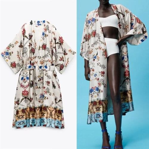 Summer floral retro long-sleeved belt beach dress female print fashion side slit mid-length skirt