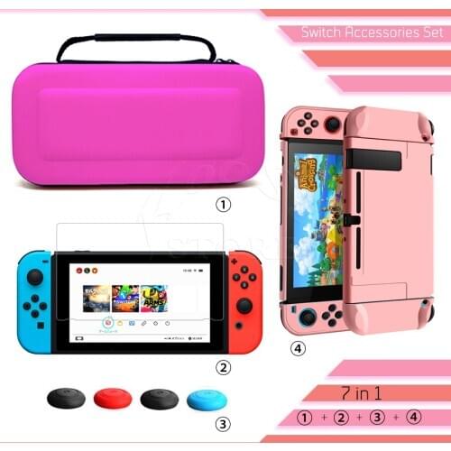 7 in 1 Game Accessories Set for Nintendo Switch Nintendoswitch Storage Carrying Pink Bag Screen Protector Film Hard Shell Case