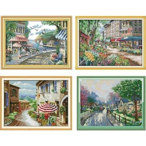 Street Scenery Series Cross Stitch Kits 11CT 14CT Printed Patterns DIY Fabric on Canvas Chinese Embroidery Sets Home Decorations