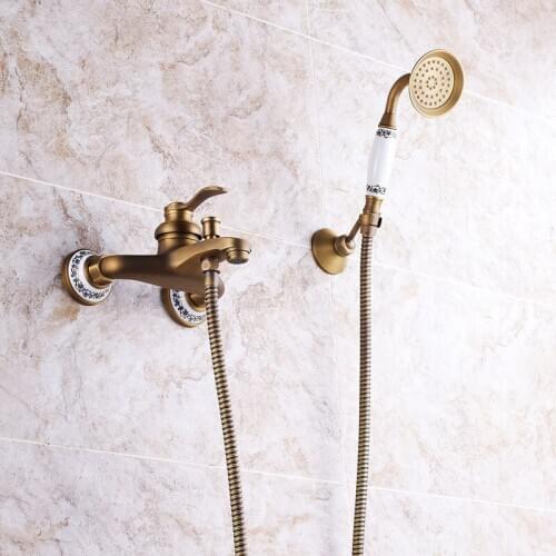 Wall Mounted Bathroom Shower Faucets Copper Brass Antique Carved Bath Shower Set with Handheld Shower Bathtub Faucets