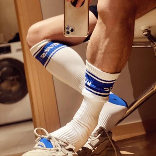 1pair Fashion Blue White black Unique Design Sock Sexy Gay Top Vers Bottom Men Nylon Sports Long Tube Football Socks Comfortable