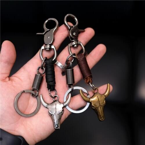 Charm Bull Head Keyring Keychain Genuine Leather Mens Simple Key chains Holder Keyfob For Car Accessories Gift