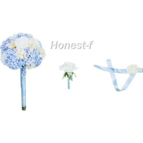 Original Elegant Artificial Rose and Hydrangea Bouquet with Groom Corsage and Brides Wrist Flower for Wedding, Party Decoration