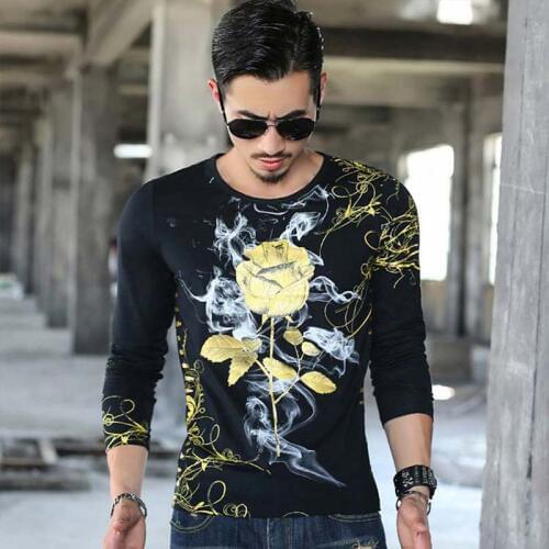 Autumn Winter Mens T Shirts Long Sleeve O-Neck Fashion Slim Rose Bronzing Printing T-shrits Big Size 4XL