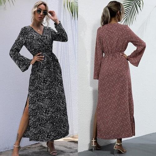 Party Casual Split Long Dresses Lace Up Sweet Summer Club Sexy Dress Floral V-neck Long Sleeve Fall Dress Female Lace Vintage