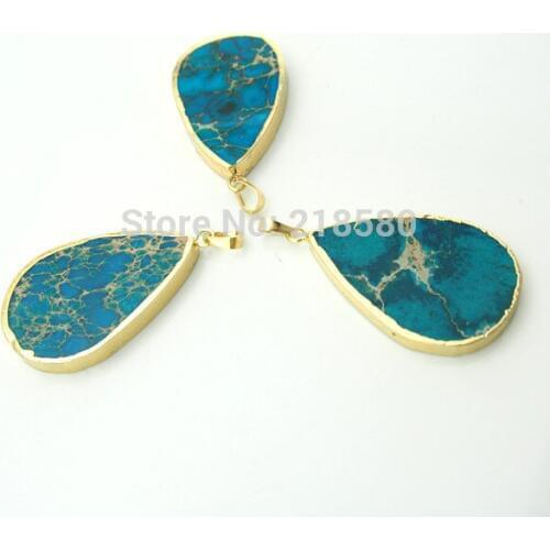 H-SP163 Teardrop Green Imperial Sediment Jaspers Stone Pendants with Electroplated Gold Bail