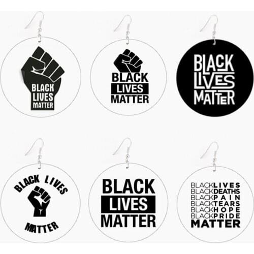 SANSHOOR New Black Lives Matter Saying Wood Drop Earrings Afro Power Fist Pattern Print Round Pendant Earrings 6 Pairs Wholesale